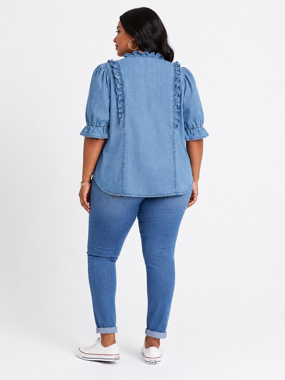 Plus Size Denim Ruffle Detail Short Sleeve Top Size 4XL (20) - Picture 2 of 5